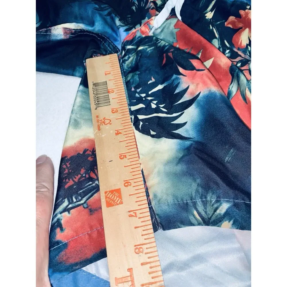 Merona Mens L Blue Orange Beach Aloha Floral Board Shorts Swim Trunks Drawstring